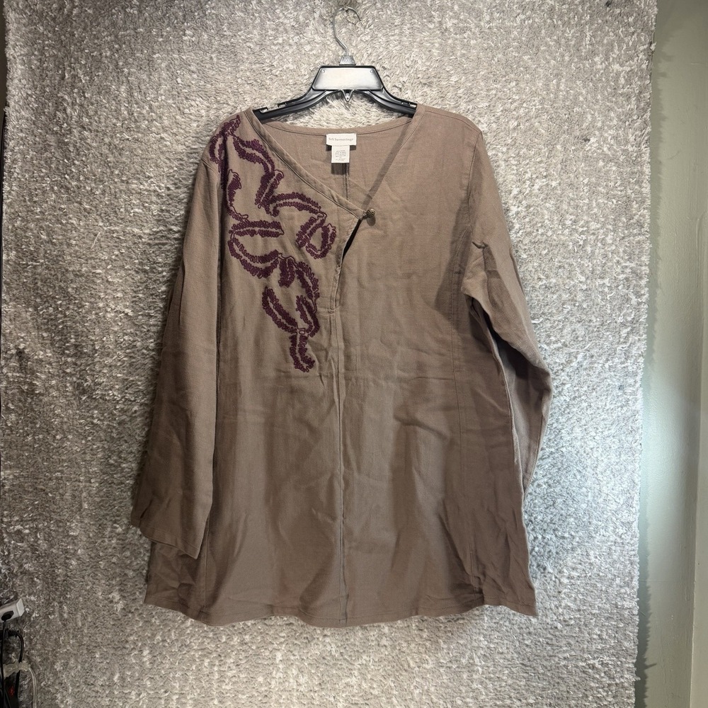 Soft Surroundings Embroidered Long Sleeve Tunic Top Xl Coastal Preppy Brown